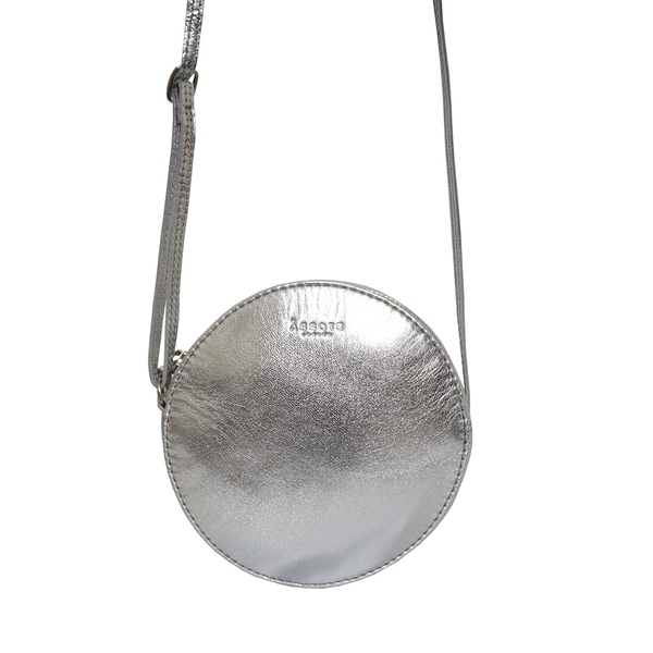 Assots London DISC Metallic Genuine Leather Round Mini Crossbody Bag - Silver