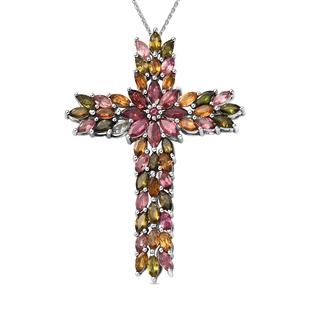 Multi-Tourmaline Cross Pendant with Chain (Size 20) in Platinum Overlay Sterling Silver 7.65 Ct