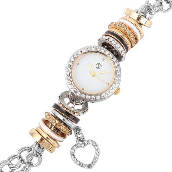 STRADA Japanese Movement White Dial White & Champagne Crystal Studded Water Resistant Bracelet Watch (Size 9.75) in Two Tone
