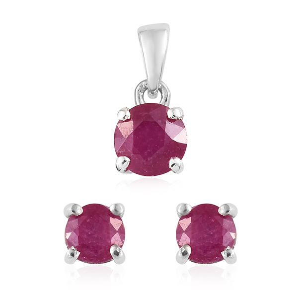 African Ruby (Rnd) Solitaire Pendant and Stud Earrings (with Push Back) in Platinum Overlay Sterling