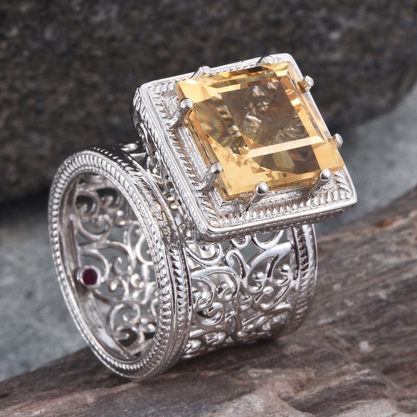 Royal Jaipur Citrine (Sqr 7.95 Ct), Ruby Ring in Platinum Overlay Sterling Silver 8.000 Ct.