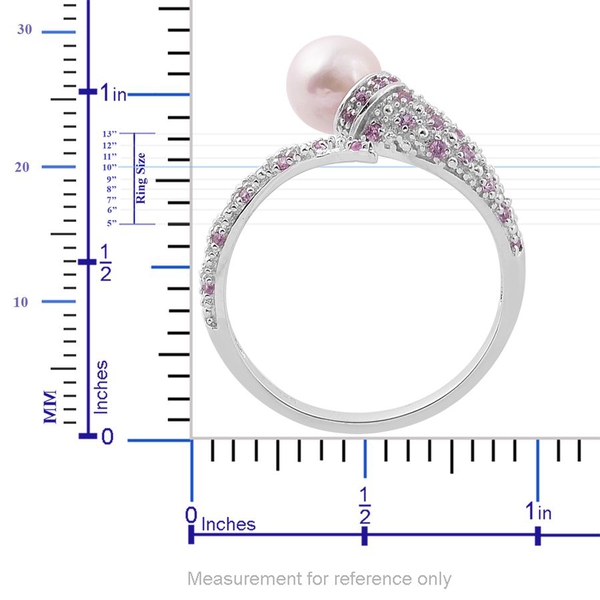 PEARL EXPRESSIONS Japanese Akoya Pearl (Rnd), Pink Sapphire Ring in Rhodium Plated Sterling Silver