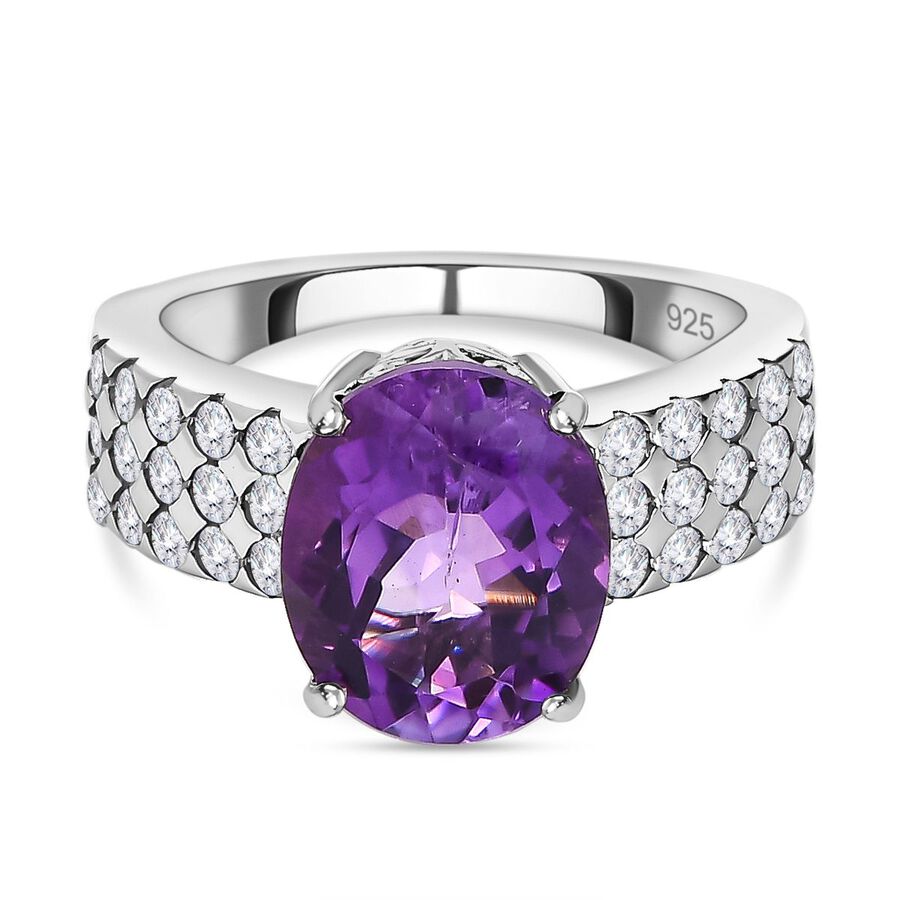 Moroccan Amethyst and Natural Zircon Ring in Platinum Overlay Sterling Silver 4.35 Ct