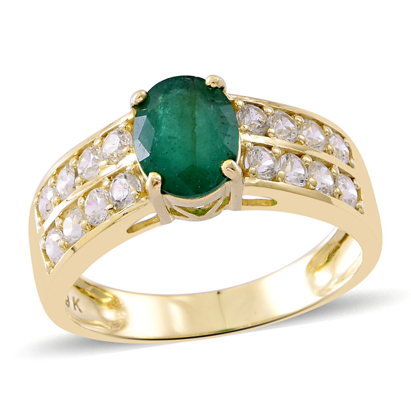 3.50 Ct AAA Rare Size Kagem Zambian Emerald and Natural White Cambodian Zircon Ring in 9K Gold