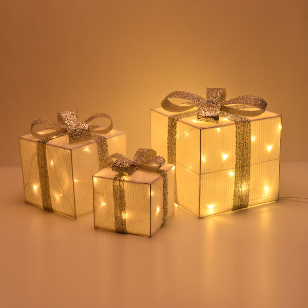 Set of 3 - 15,20,25cm Tall Lamp with Warm 40 LED Light - White and Silver Ribbon