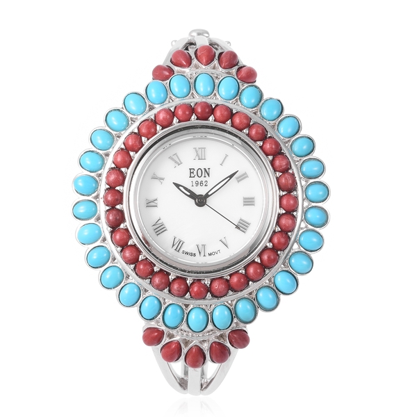 TJC Special-EON 1962 Swiss Movement Coral and Sleeping Beauty Turquoise Bangle Watch (Size 7.5) in S