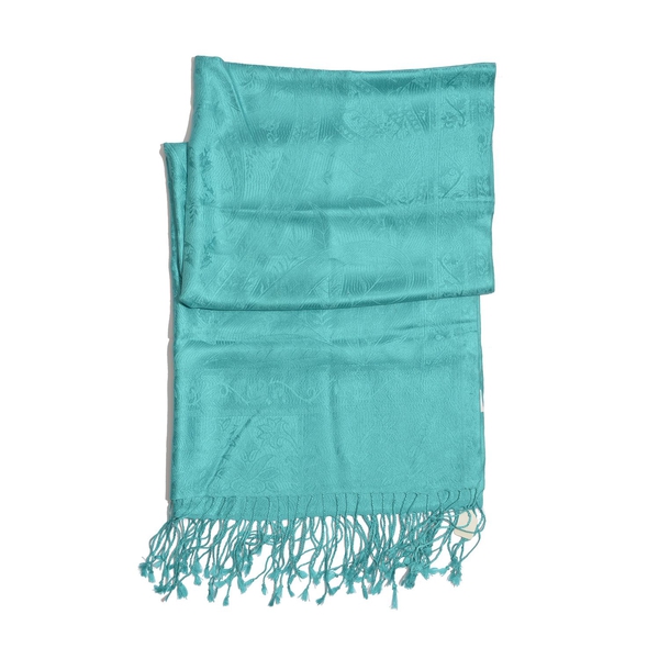 100% Superfine Silk Paisley Pattern Turquoise Colour Jacquard Jamawar Scarf with Fringes (Size 180x70 Cm) (Weight 125-140 Grams)
