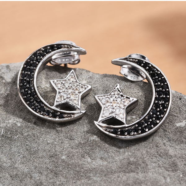 GP Boi Ploi Black Spinel (Rnd), Blue Sapphire, Natural Cambodian Zircon Moon Star Earrings (With Push Back) in Platinum Overlay and Black Plating Sterling Silver 1.000 Ct.