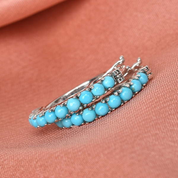 Arizona Sleeping Beauty Turquoise (Rnd) Hoop Earrings (with Clasp Lock) in Platinum Overlay Sterling Silver 1.50 Ct