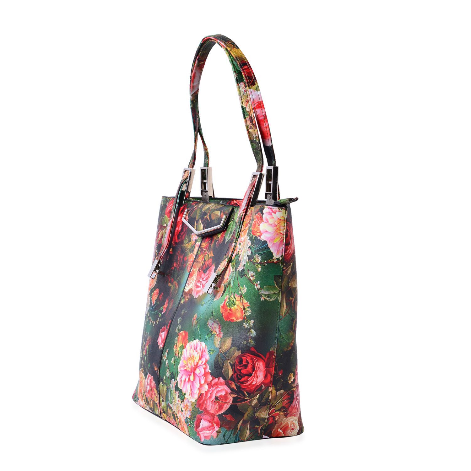 Chelsea Green with Multi Colour Floral Pattern Tote Bag With Adjustable Shoulder Strap (Size 39x29x32x15 Cm)