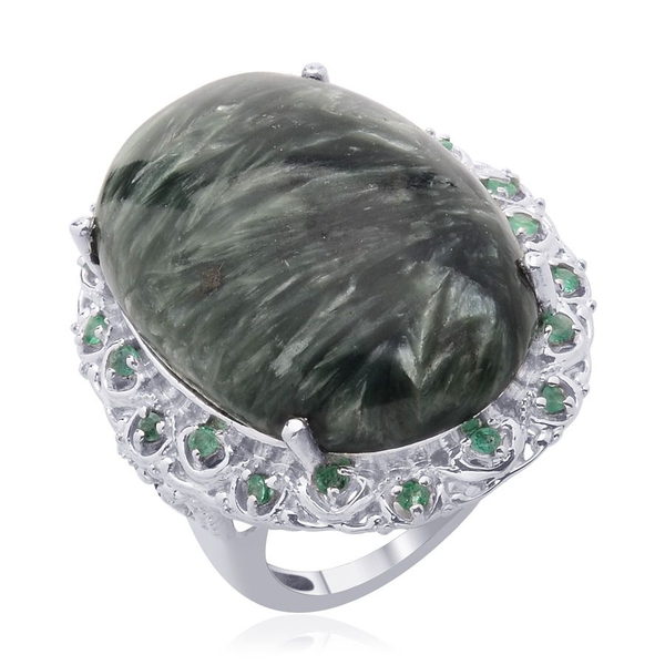 Siberian Seraphinite (Ovl 28.50 Ct) Kagem Zambian Emerald Ring in Platinum Overlay Sterling Silver  