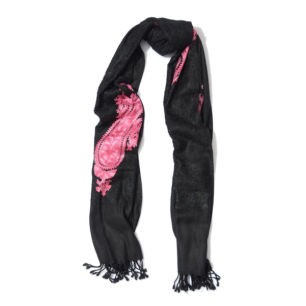 Paisley Pattern Embroidered Black Colour Woolen Shawl (Size 70x200 Cm)