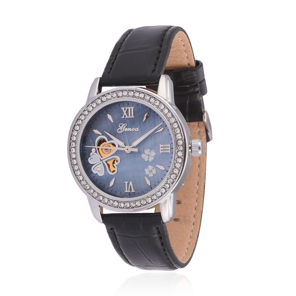 GENOA Automatic Skeleton White Austrian Crystal Studded MOP Floral Blue Dial Water Resistant Watch i