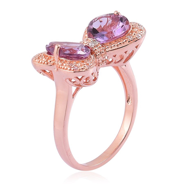 Rose De France Amethyst (Hrt), White Zircon Bowknot Ring in Rose Gold Overlay Sterling Silver 4.500 Ct.