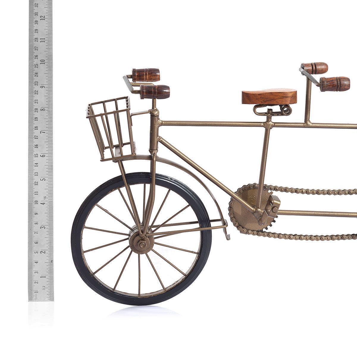 Home Decor - Hand Crafted Tandem Bicycle Ornament with Front Basket in Gold Tone