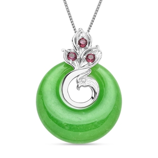 Green Jade and Rhodolite Garnet Circle Pendant With Chain in Rhodium Plated Silver 18 Inch