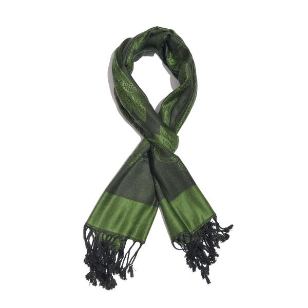 Limited Edition- Designer Inspired-Green and Black Colour Dragonfly Pattern Jacquard Scarf with Tass