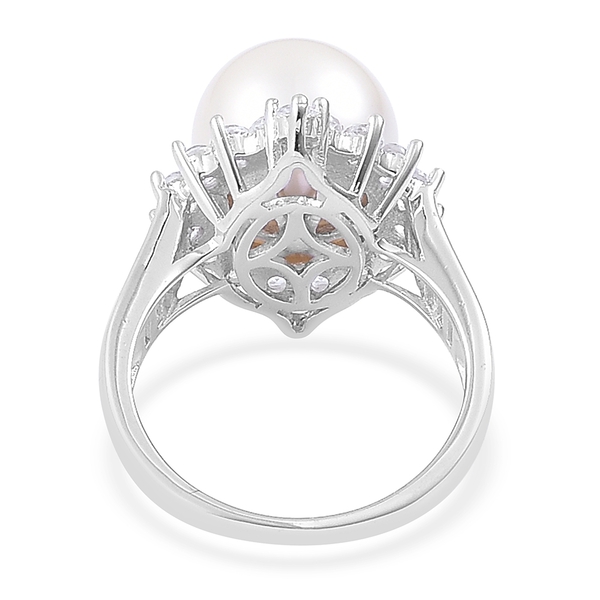 South Sea White Pearl (Rnd 11-12mm), White Topaz Ring in Rhodium Plated Sterling Silver
