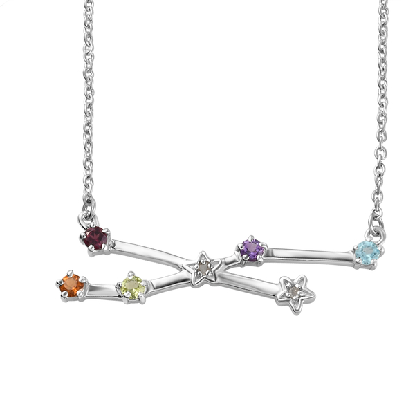 Diamond and Multi Gemstones Necklace (Size - 18 with 2 inch Extender ) in Platinum Overlay Sterling 