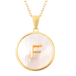 White Mother of Pearl Initial F Pendant with Chain (Size 18) in Gold Overlay Sterling Silver