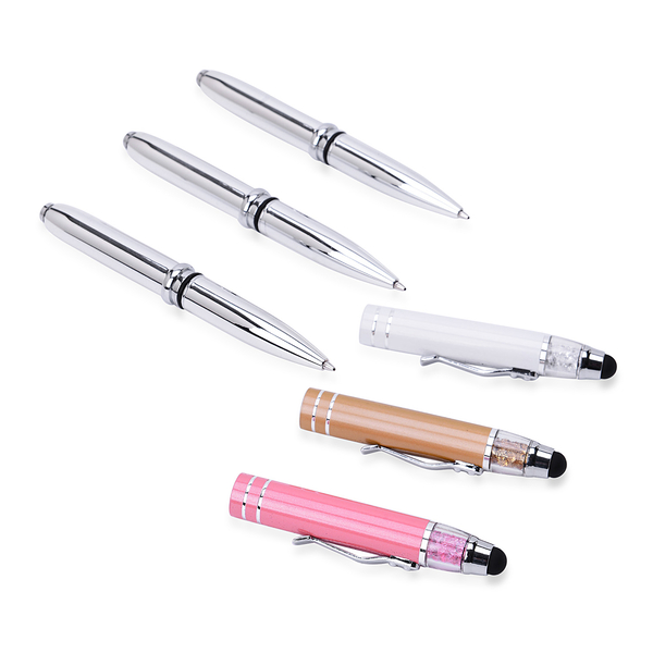 Set of 3 - Silver Tone Pen (Champagne with Blue Ink, White with Black Ink and Pink with Red Ink) with Acrylic Crystal, Screen Touch and Flash Light and 3 Extra Refill in a Box