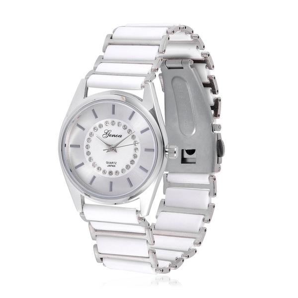 GENOA Japanese Movement White Austrian Crystal Studded Silver Dial Water Resistant Watch in Silver T