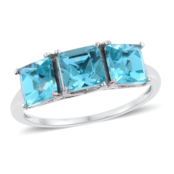 Lustro Stella  - Light Turquoise Colour Crystal (Sqr) Trilogy Ring in Platinum Overlay Sterling Silv