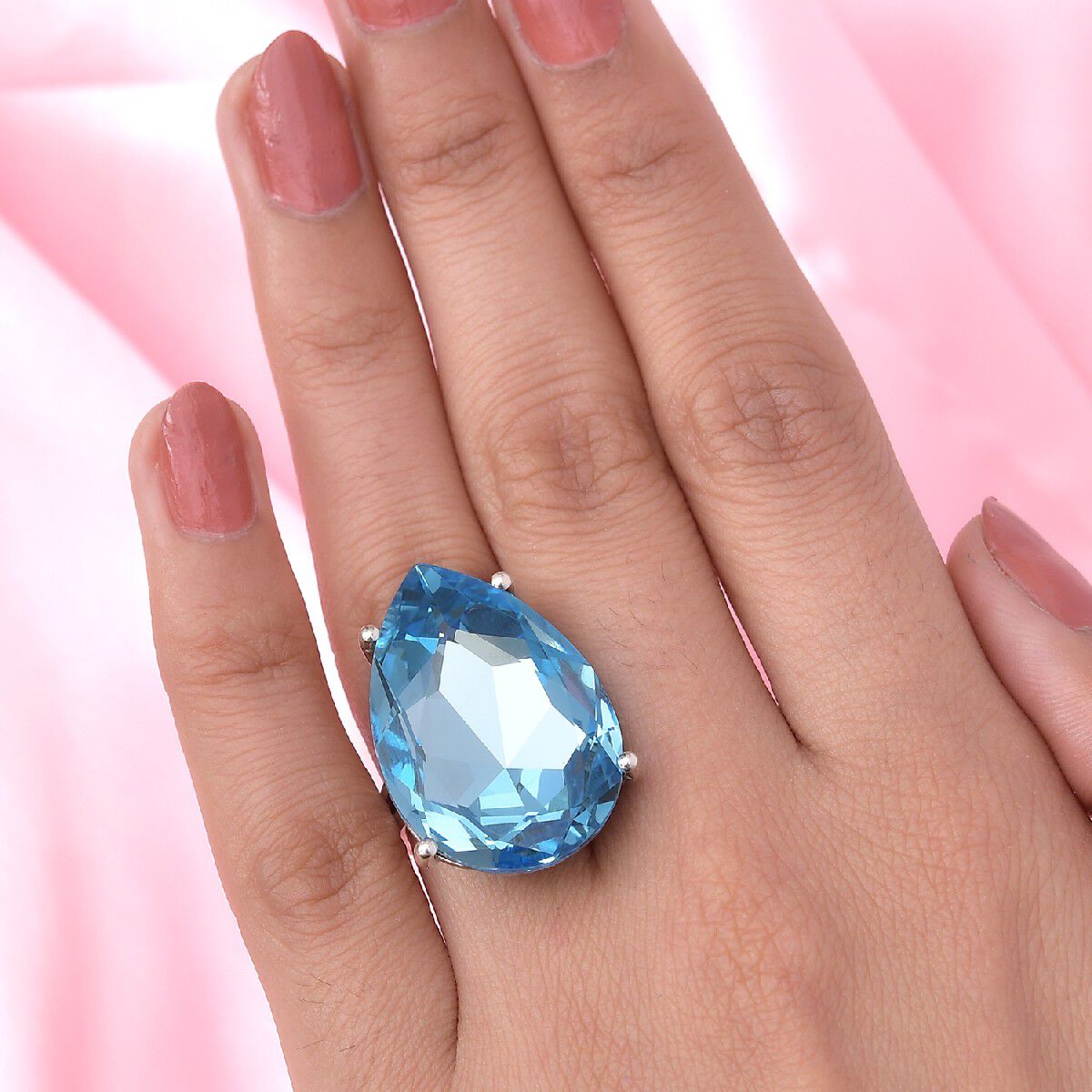 Lustro Stella  Aquamarine Crystal Solitaire Ring in Platinum Overlay Sterling Silver