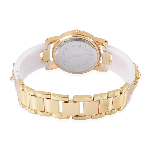 STRADA Japanese Movement MOP Dial Watch in Gold Tone with Stainless Steel Back and White Colour Strap