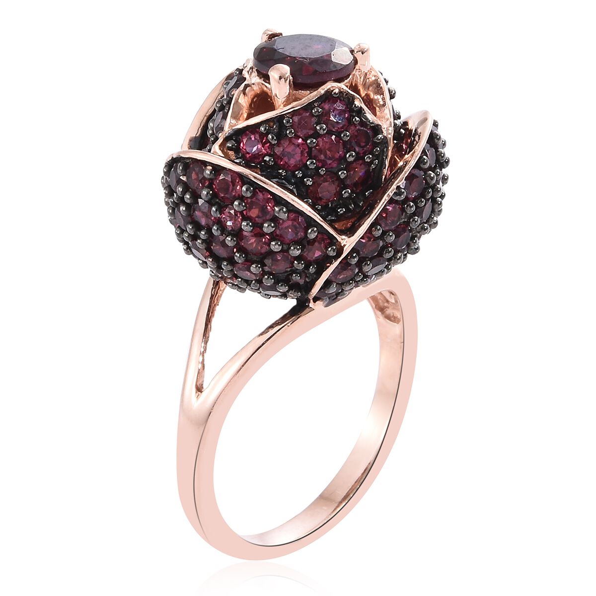 Designer Inspired-Rhodolite Garnet (Rnd) LOTUS Ring in Black Rhodium and Rose Gold Overlay Sterling Silver 5.750 Ct. Silver wt. 7.80 Gms. Number of Gemstones 106