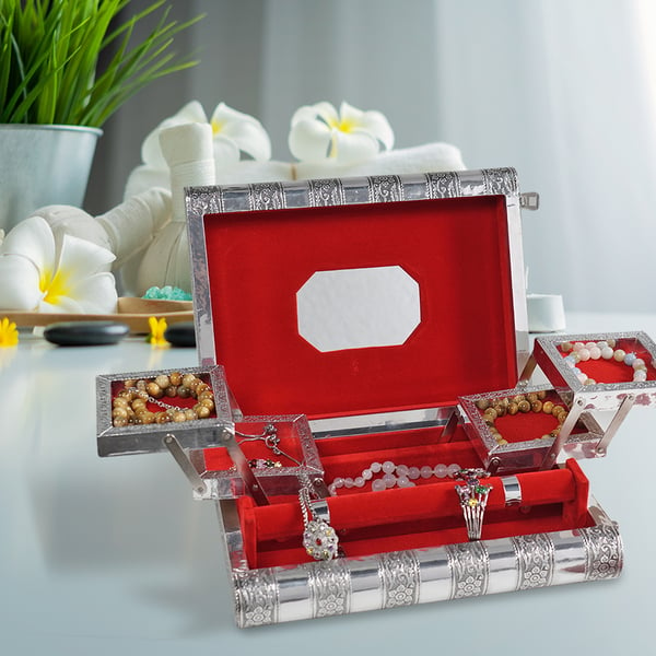 Hummingbird Embossed Handcrafted Jewellery Organizer with 4 Extendable Trays, Inside Mirror and Red Velvet Lining  (Size 28x21.6x7.6 Cm)