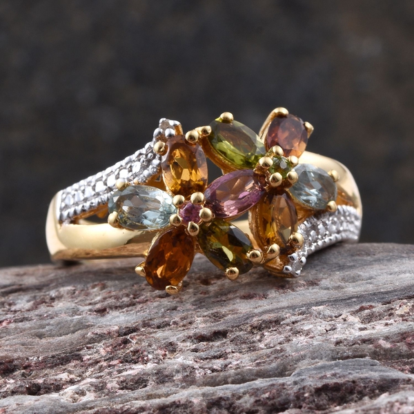 Rainbow Tourmaline (Ovl), Diamond Twin Floral Ring in 14K Gold Overlay Sterling Silver 2.010 Ct.