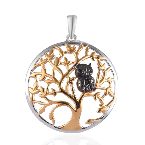 Boi Ploi Black Spinel (Rnd) Tree and Owl Pendant in Yellow Gold, Platinum and Black Plated Overlay S