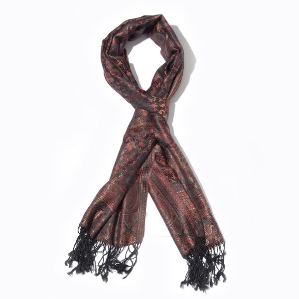 100% Superfine Silk Paisley Pattern Black and Multi Colour Jacquard Jamawar Scarf with Fringes (Size