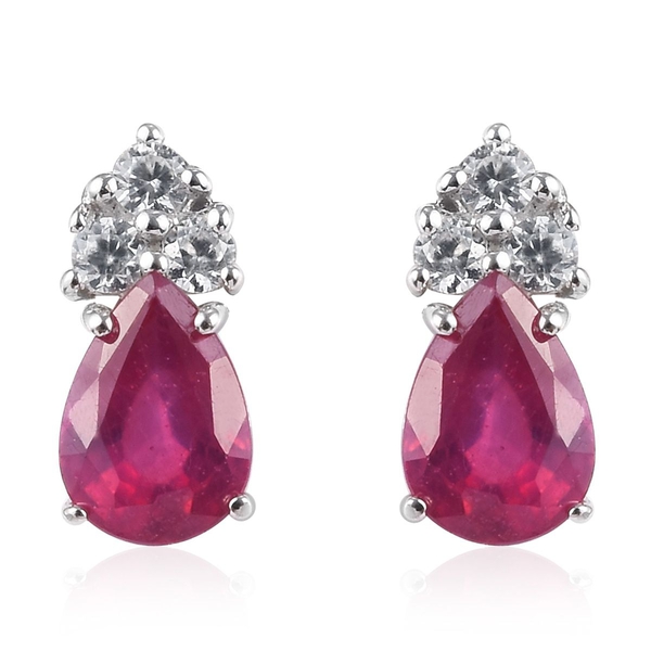 9K White Gold AAA African Ruby (Pear), Natural Cambodian Zircon Earrings (with Push Back) 2.000 Ct.