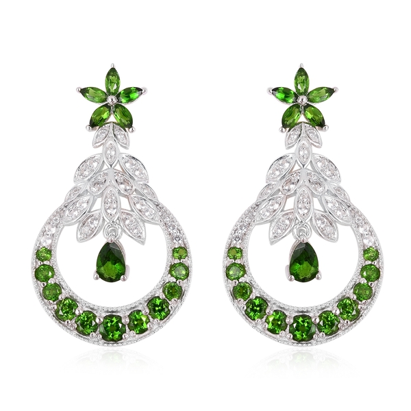 Chrome Diopside (Pear), Natural Cambodian White Zircon Dangle Earrings (with Push Back) in Rhodium O