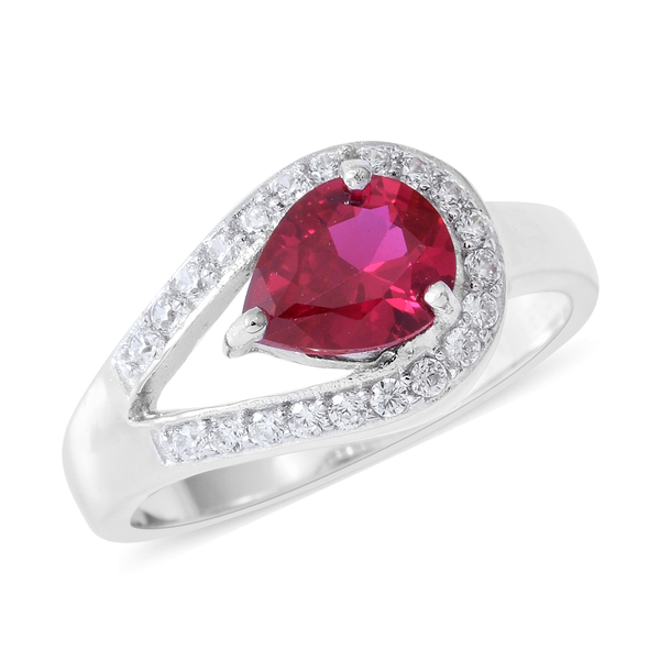 ELANZA Simulated Ruby (Pear), Simulated Diamond Ring in Rhodium Overlay Sterling Silver