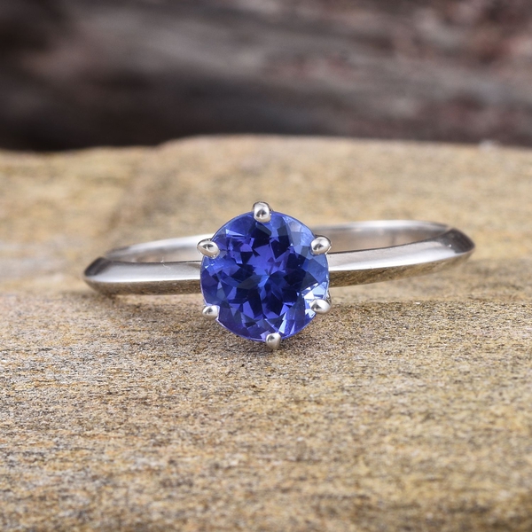 14K White Gold 1 Carat Tanzanite Round Solitaire Ring in 6 Prongs.