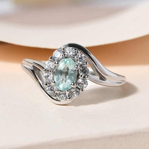 Boyaca Colombian Emerald and Natural Cambodian Zircon Ring in Platinum Overlay Sterling Silver