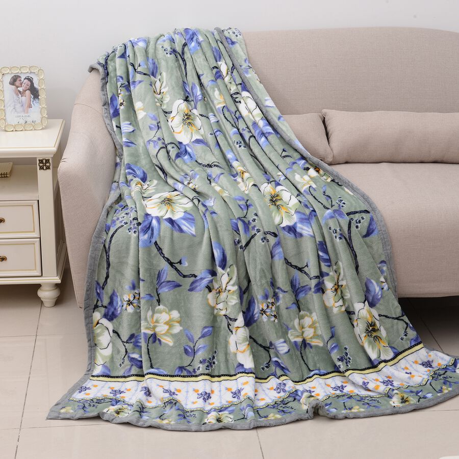Microfibre Flannel Printed Blanket with Floral Pattern in Green and