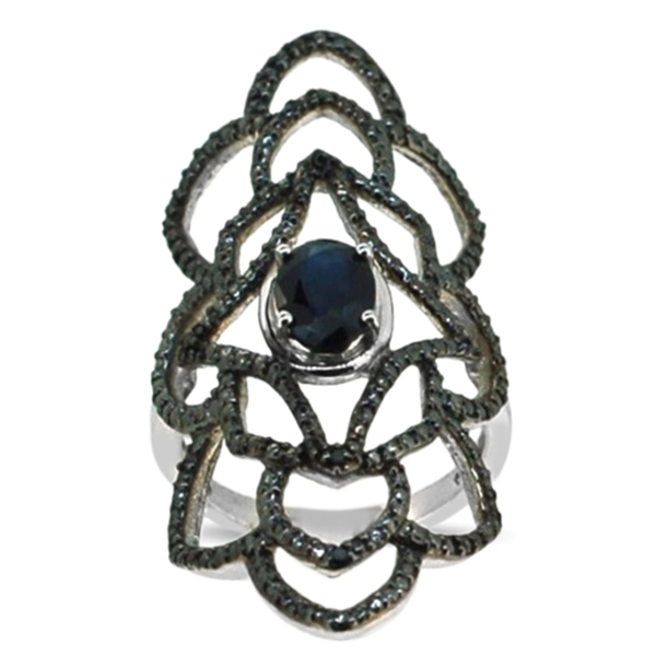 Diffused Blue Sapphire (Ovl 1.75 Ct), Black Diamond Ring in Rhodium Plated Sterling Silver 1.790 Ct.
