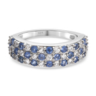 Blue Sapphire and Natural Cambodian Zircon Cluster Ring (Size S) in Platinum Overlay Sterling Silver 1.77 Ct.