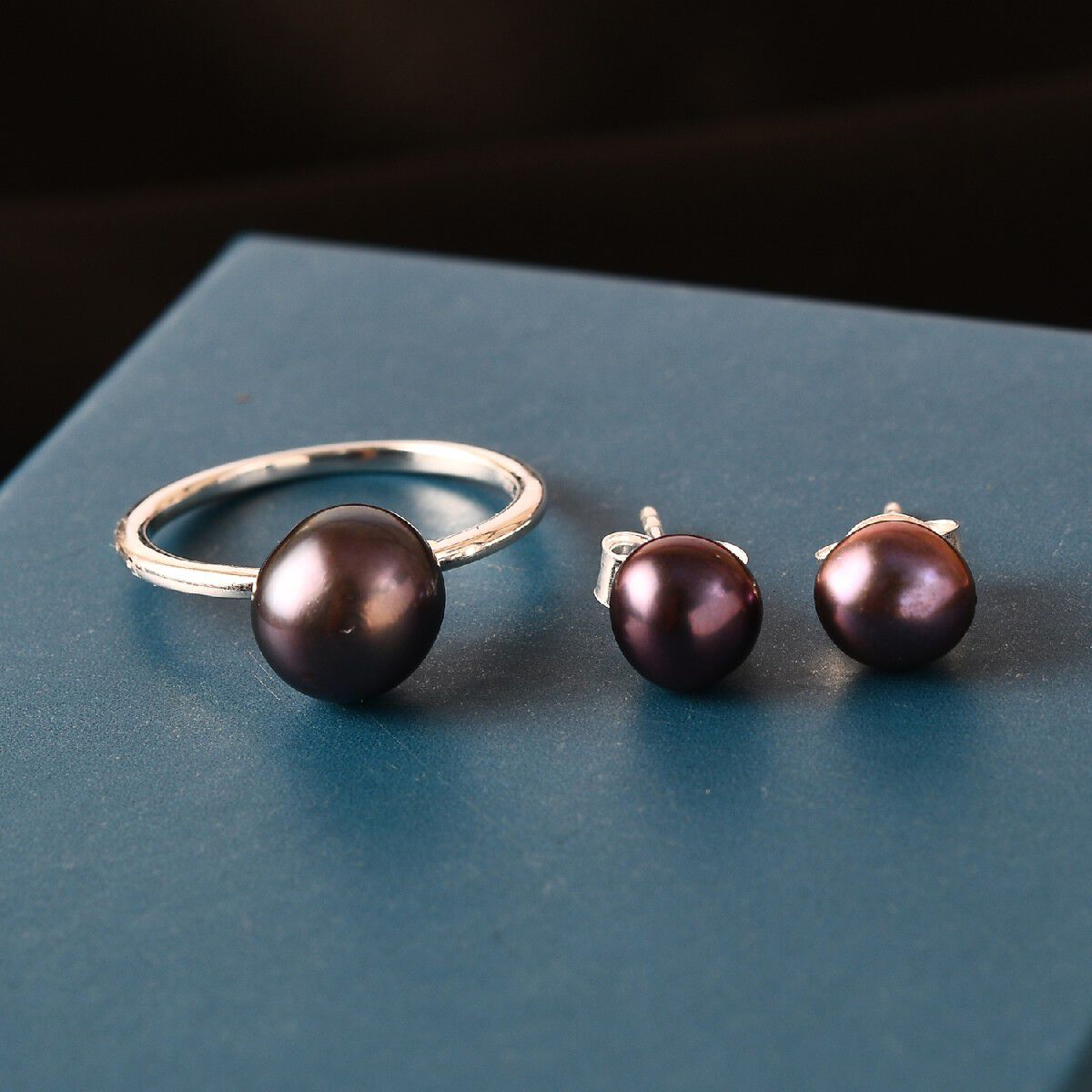 2 Piece Set - Freshwater Peacock Pearl Solitaire Ring and Solitaire Stud Earrings (with Push Back) in Sterling Silver