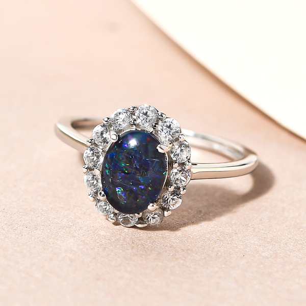 Australian Boulder Opal Triplet and Natural Cambodian Zircon Ring in Platinum Overlay Sterling Silver