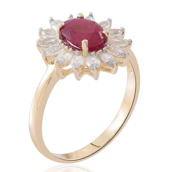 9K Yellow Gold AA Ruby (Ovl 8X6 mm), Natural White Cambodian Zircon Floral Ring 3.500 Ct.
