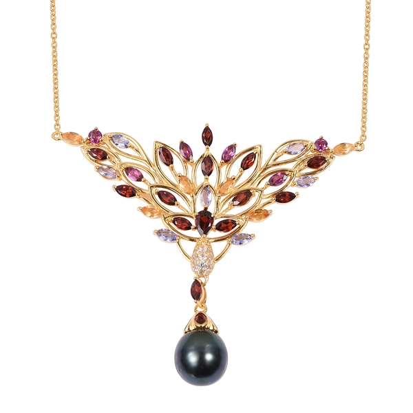 Tahitian Baroque Pearl (11.5-12 mm), Tanzanite and Multi Gemstone Necklace (Size 18) in Yellow Gold 