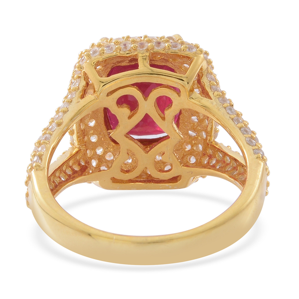 African Ruby (Cush 8.25 Ct), Natural White Cambodian Zircon Ring in 14K Gold Overlay Sterling Silver 11.250 Ct. Silver wt 5.60 Gms