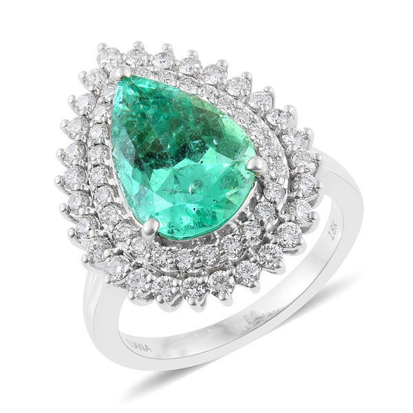ILIANA 18K White Gold 5.75 Carat AAA Pear Boyaca Colombian Emerald Engagement Ring With Diamond SI G