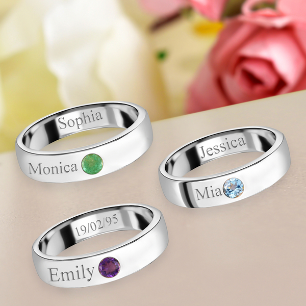 Personalised Engravable Birthstone Band Ring in Silver