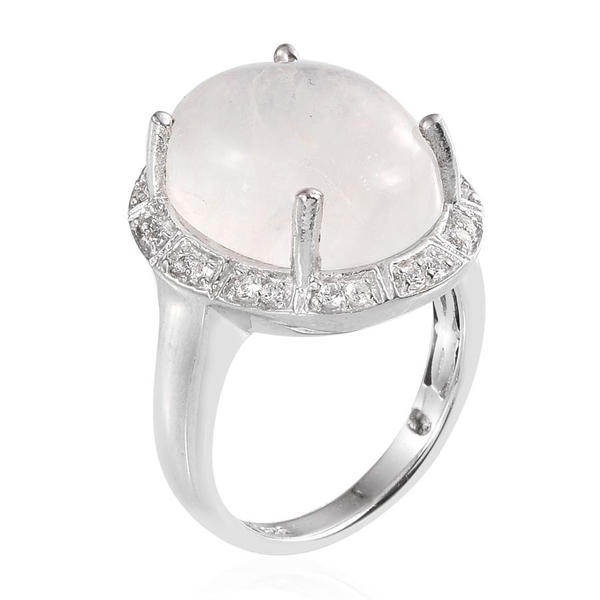 Natural Rainbow Moonstone (Ovl 9.74 Ct), Natural Cambodian Zircon Ring in Platinum Overlay Sterling Silver 9.990 Ct.